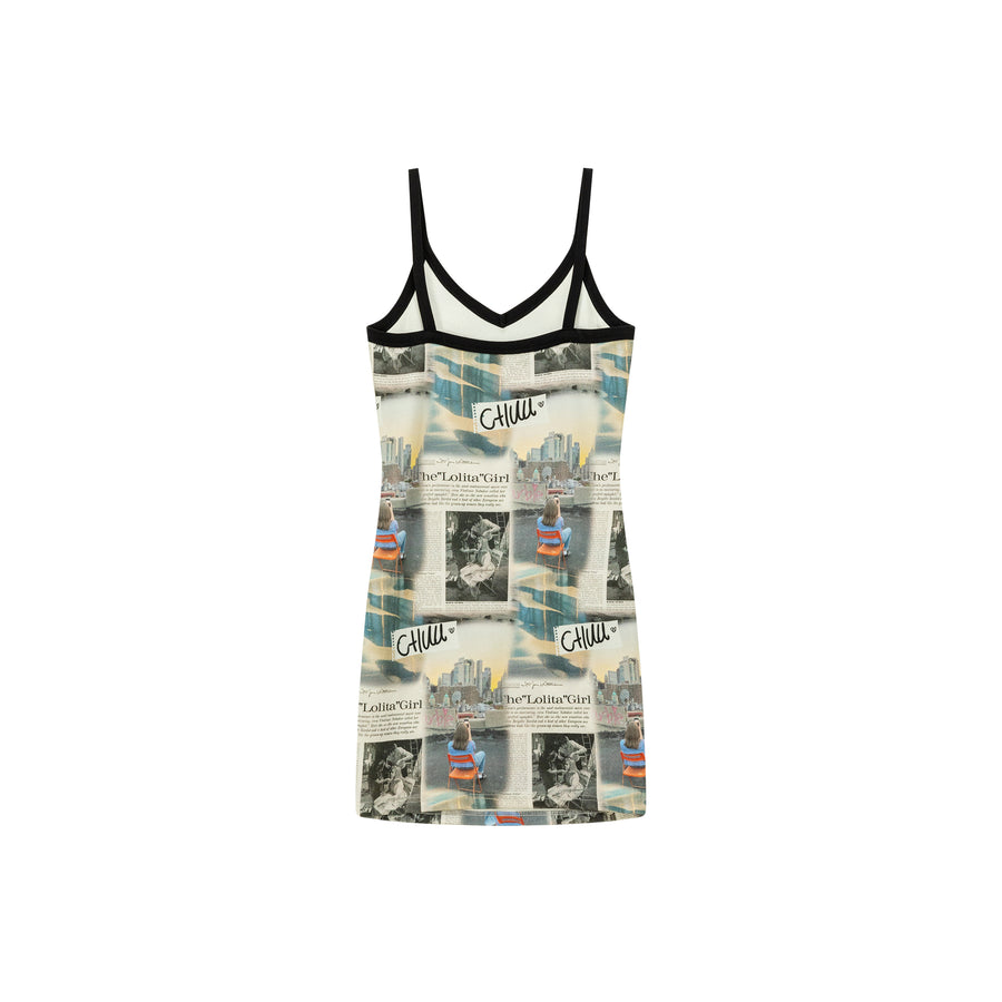 CHUU Logo Newspaper V-Neck Strap Mini Dress