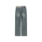 Color Matching Folded Waist Wide Denim Jeans