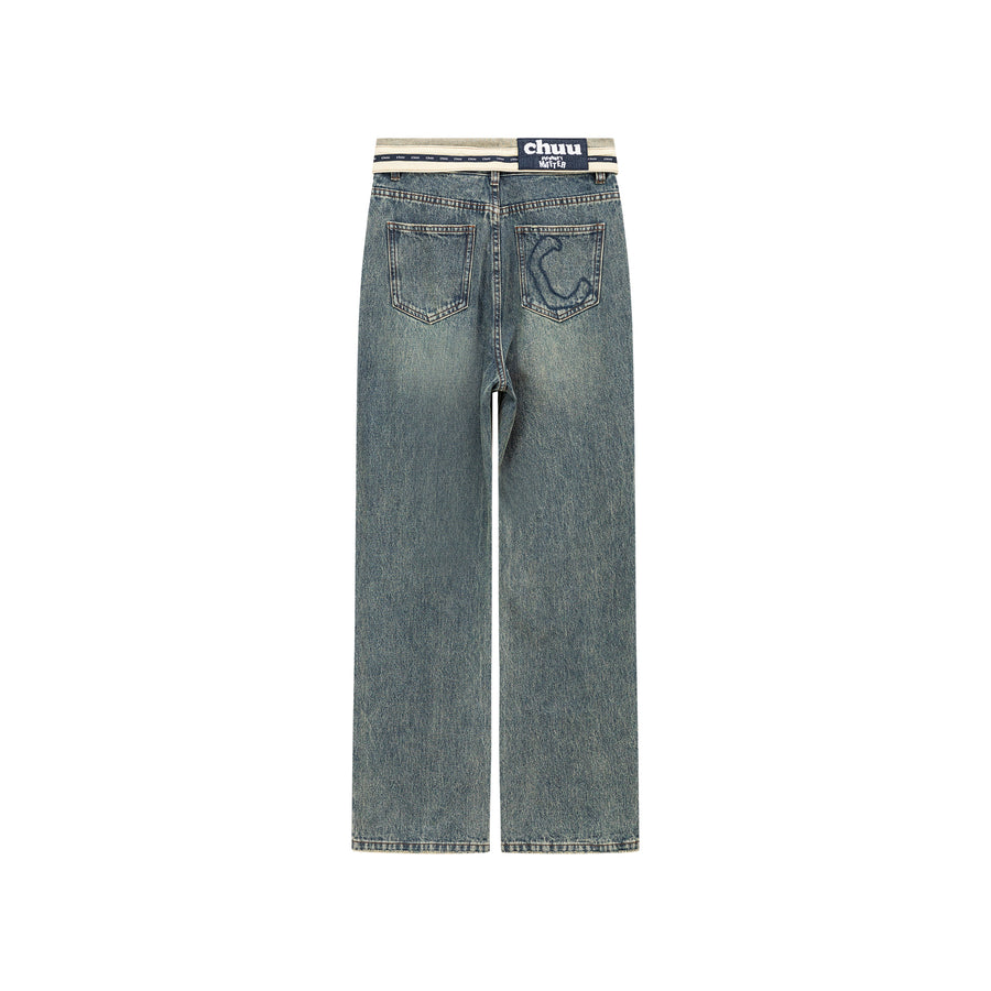 CHUU Color Matching Folded Waist Wide Denim Jeans