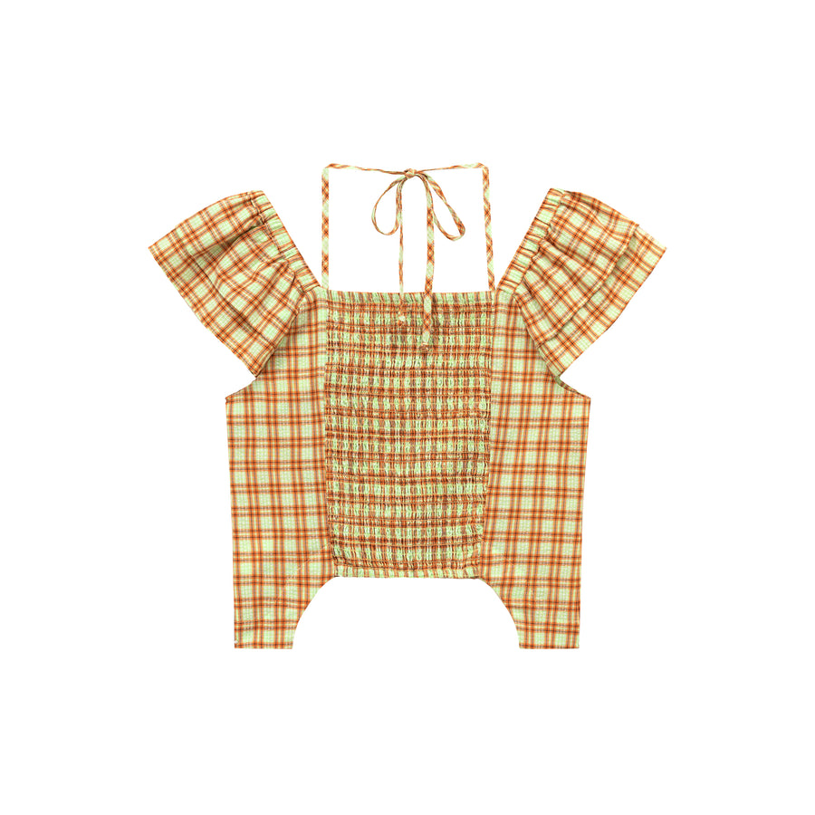 CHUU Side Garter Check Buttoned Yellow Blouse