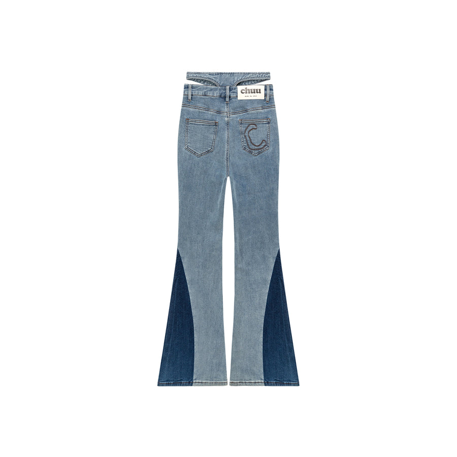 CHUU Criss Cross Belt Two Toned Bootcut Denim Pants