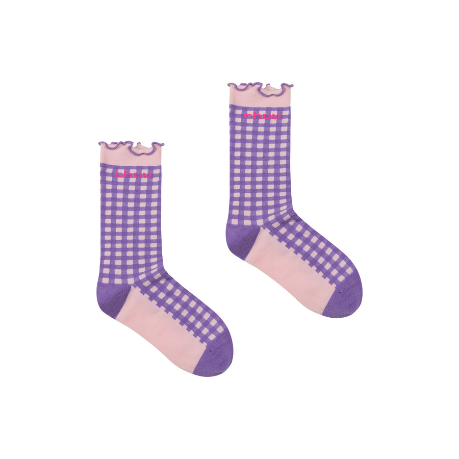 CHUU Ruffled Color Check High Socks