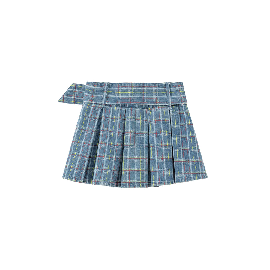 CHUU Check Pleated Big Belt Mini Skirt