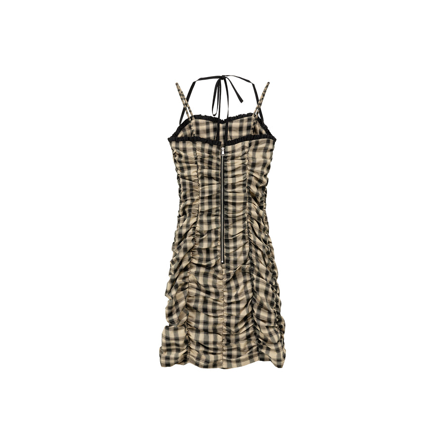 CHUU Check Sleeveless Halter Neck Shirring Dress