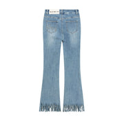 Fringe-Cut Hem Slim Denim Jeans