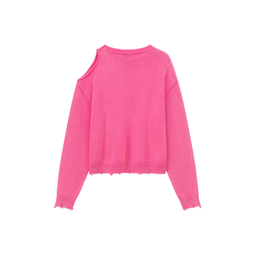 CHUU One Shoulder Cut Out Distressed Knit Sweater