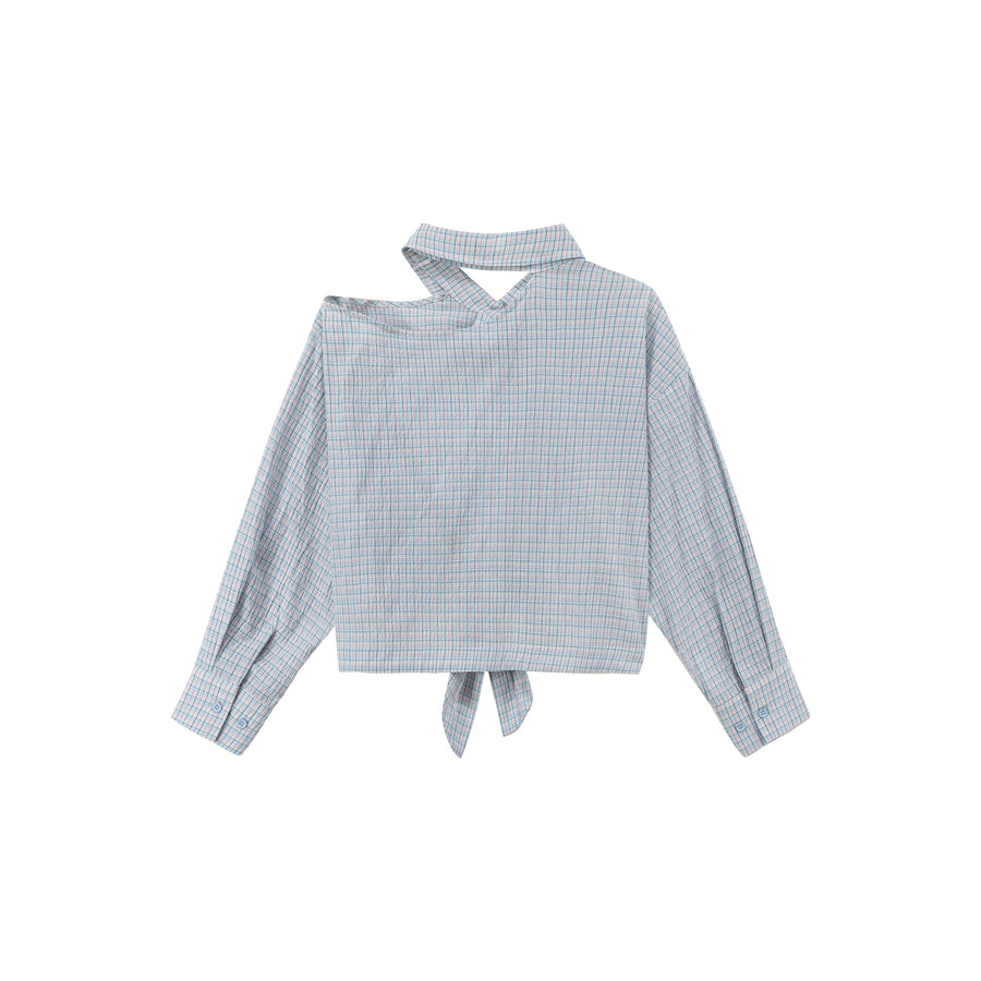 CHUU One-Shoulder Cut Out Check Tie-Up Shirt