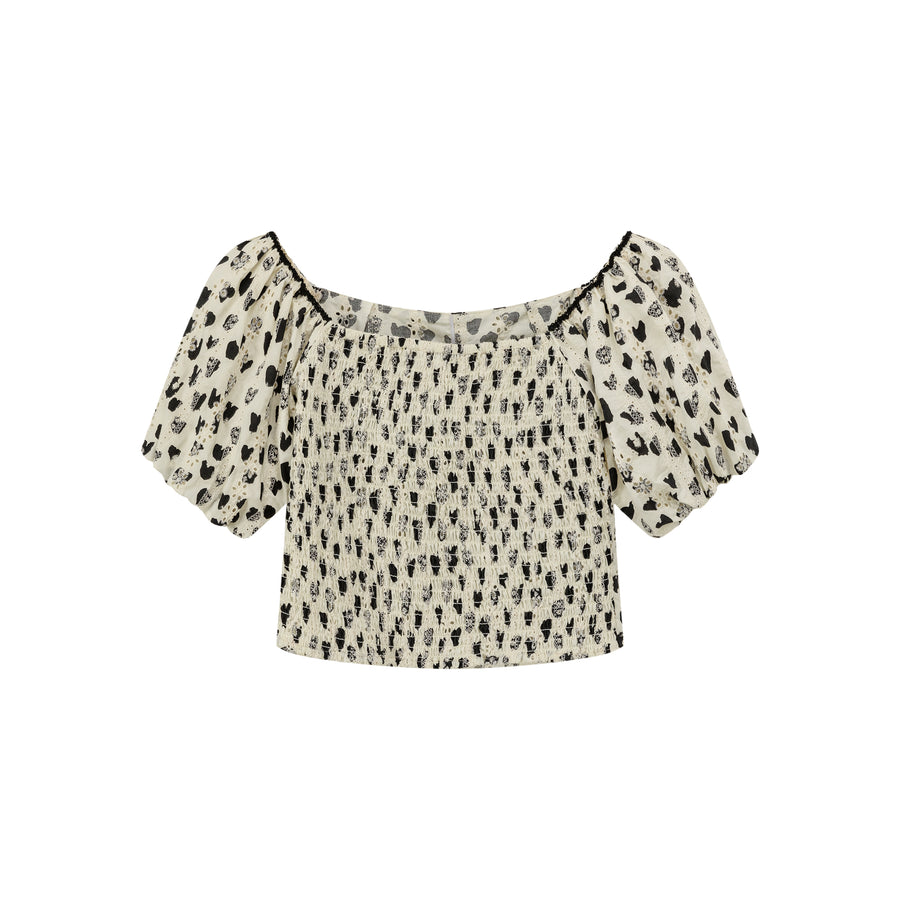 CHUU Heart Pattern Puff Sleeve Blouse