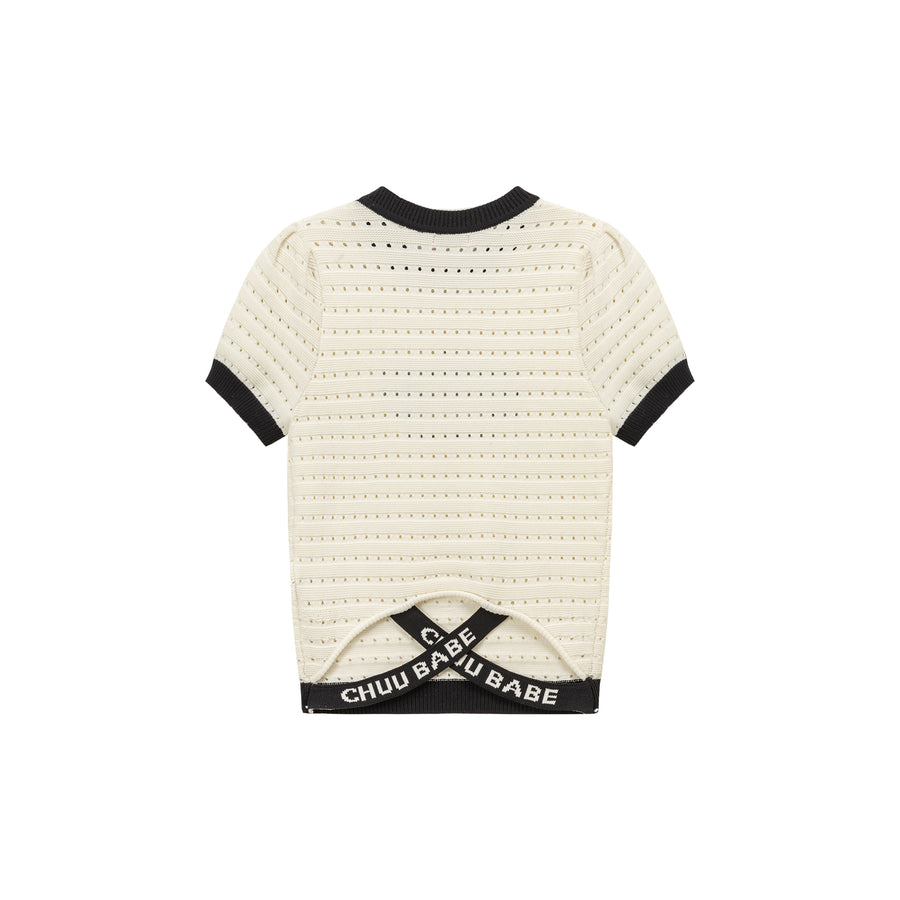 CHUU Size Doesnt Matter Color Hole Pattern Preppy Logo Knit Top