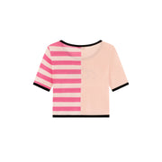 Chuu Lettering Half Striped Colorblocked Knit Crop Top