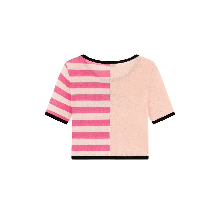 CHUU Chuu Lettering Half Striped Colorblocked Knit Crop Top