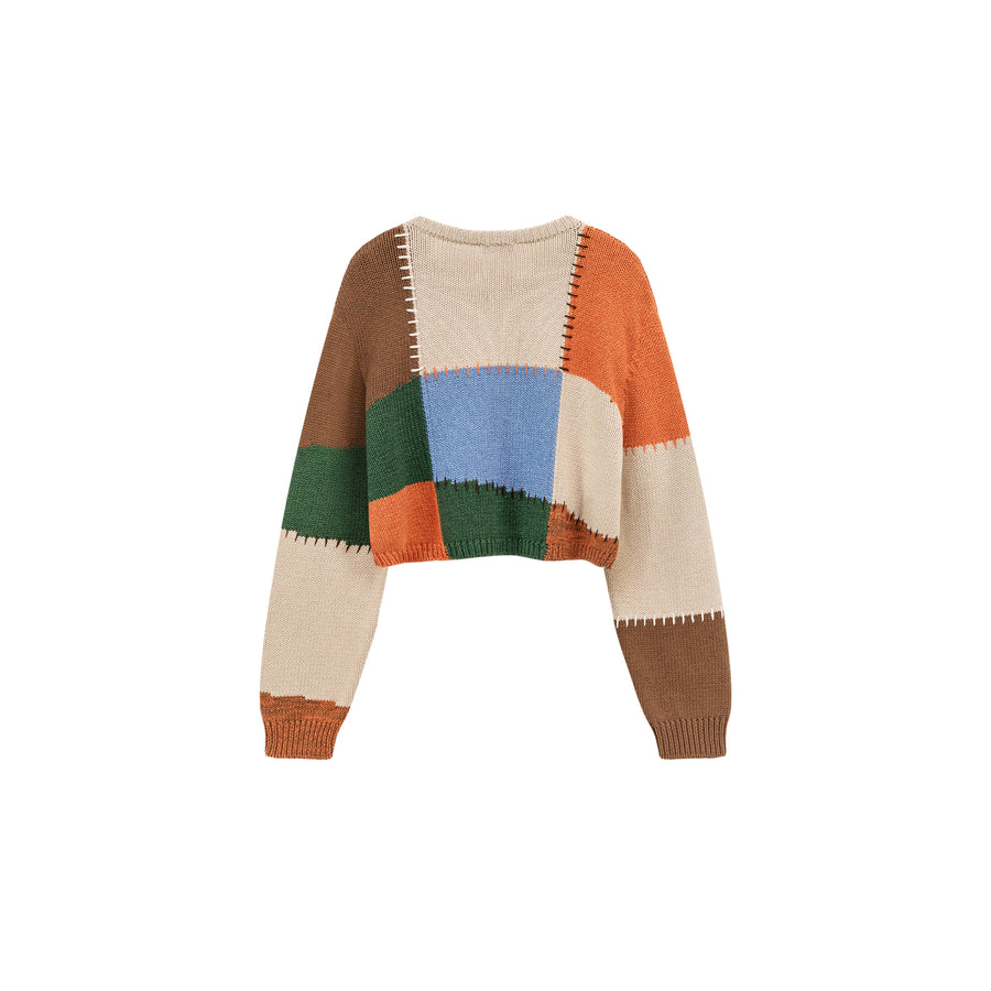 CHUU Color Patchwork Crop Knit Sweater