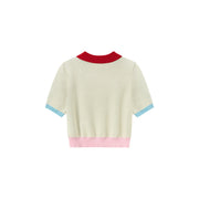 Polo Neck Color Blocked Multi-Color Pixel Block Pattern Knit Top