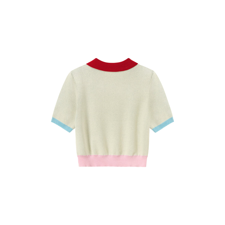 CHUU Polo Neck Color Blocked Multi-Color Pixel Block Pattern Knit Top