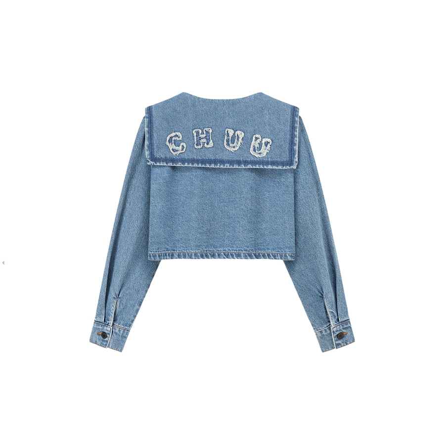 CHUU Embroidered Raw Edge Logo Sailor Denim Jacket