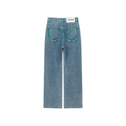 Frayed Denim Color Lined Straight Jeans