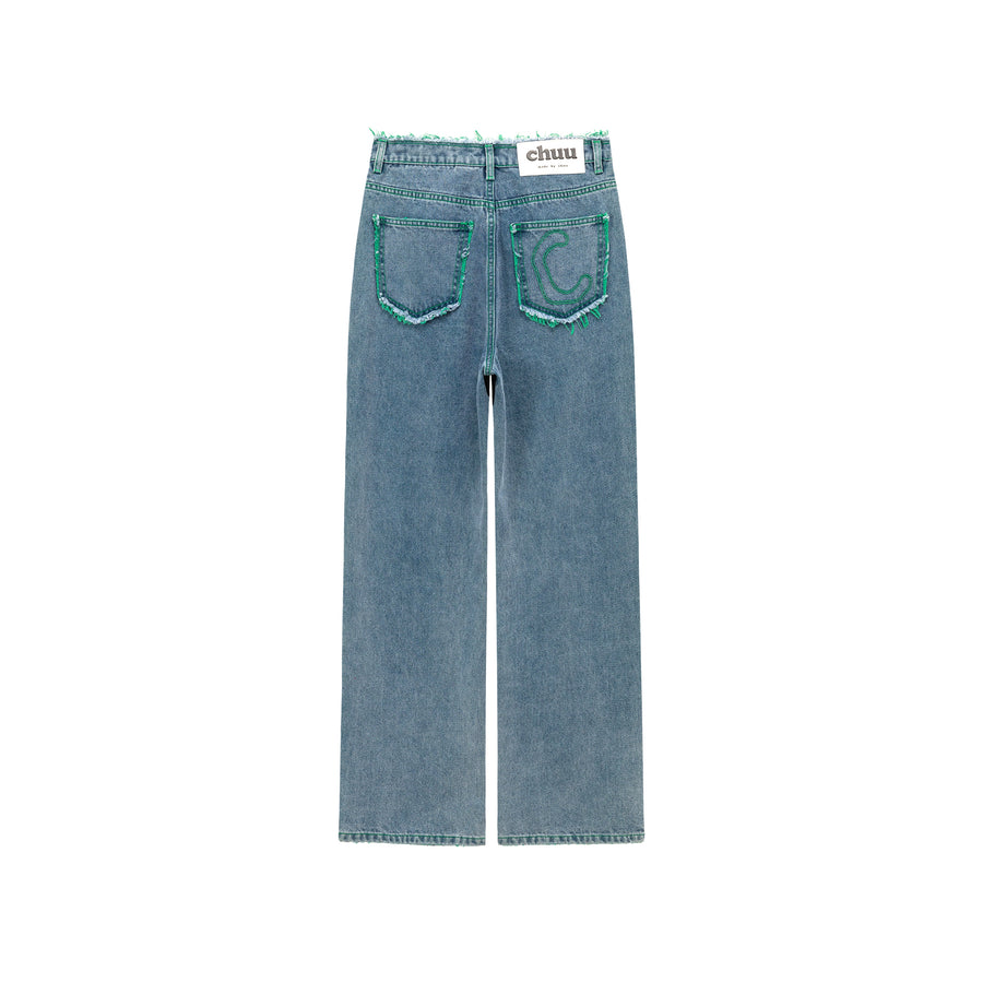 CHUU Frayed Denim Color Lined Straight Jeans