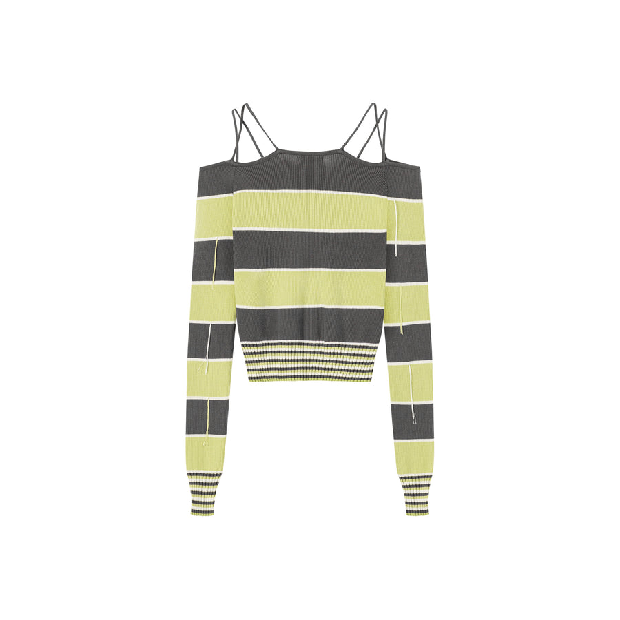 CHUU Color Combination Stripe Off The Shoulder Knit Sweater