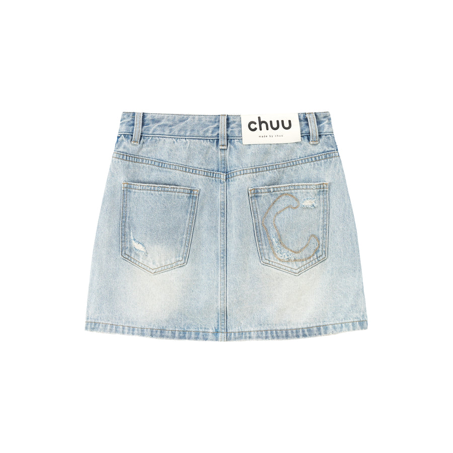 CHUU Button-Washed Distressed Denim Mini Skirt