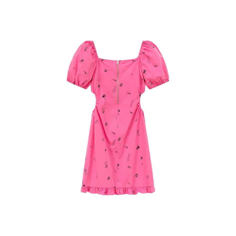 CHUU Chuu Symbols Ruffled Side Cutout Puff Short Sleeve Mini Dress