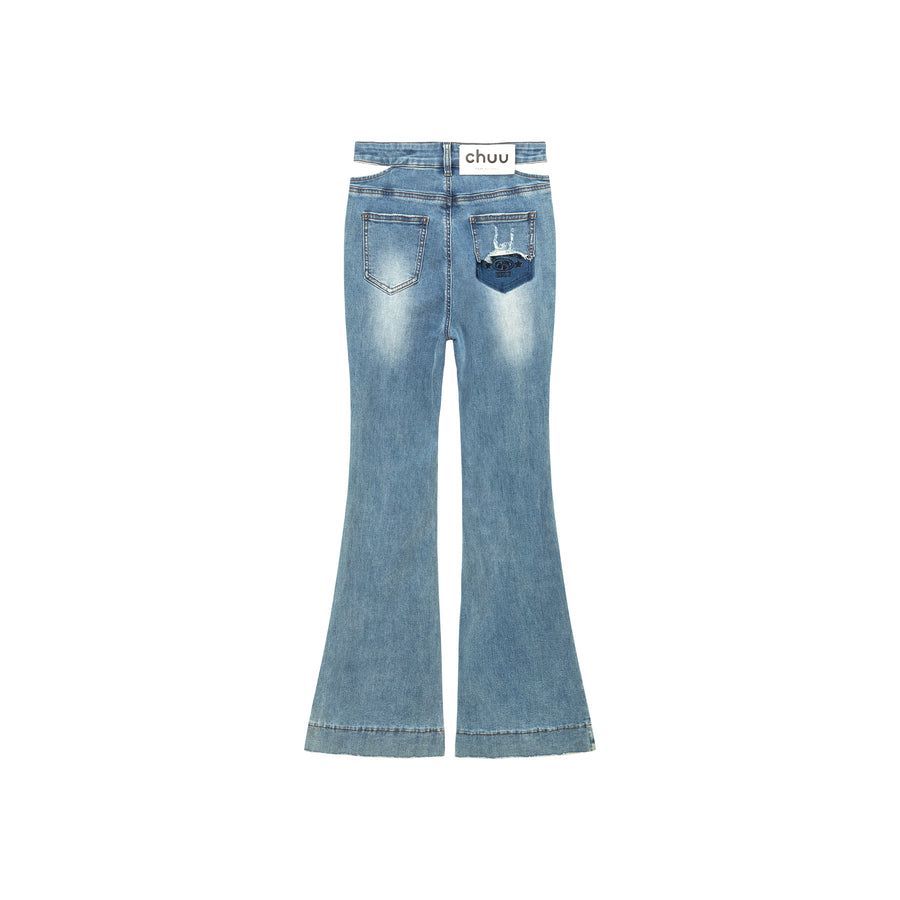 CHUU Ripped Pocket Cutout Waist Bootcut Jeans