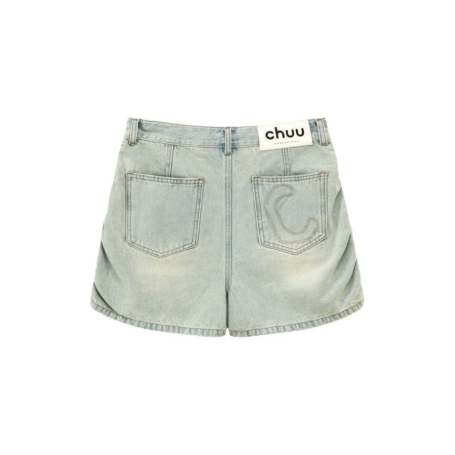 CHUU Side Shirred High Waisted Denim Shorts