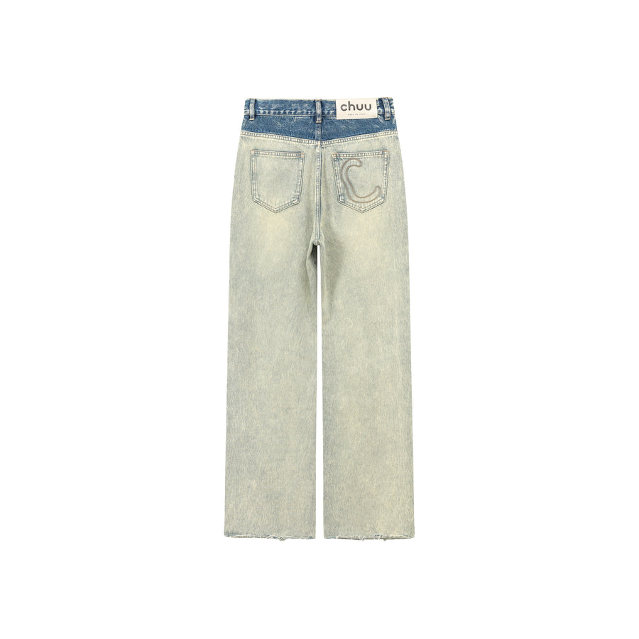 CHUU Folded Waist Color Combination Wide Denim Jeans