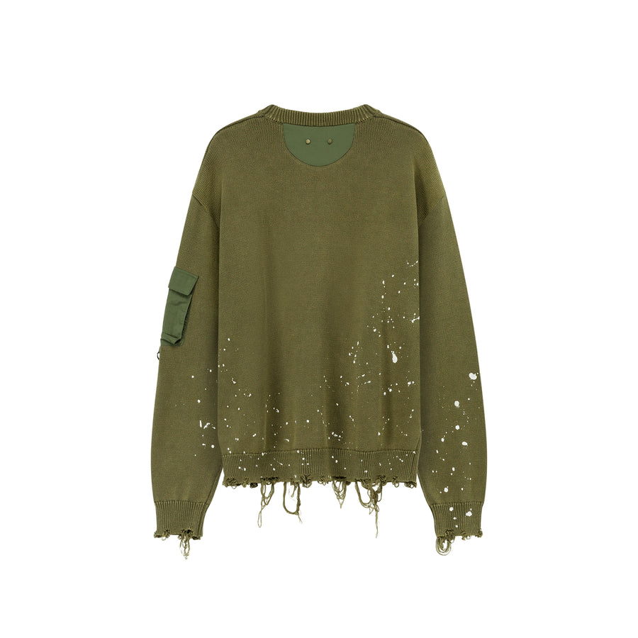 CHUU Pocket Paint Splatter Distressed Loose Fit Knit Sweater