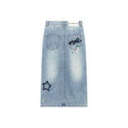 Star Denim Long Slit Skirt