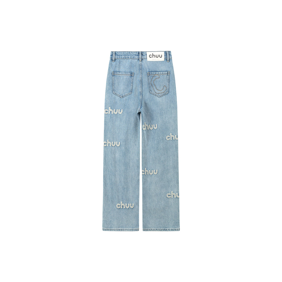 CHUU Embroidered Lettering Straight Jeans