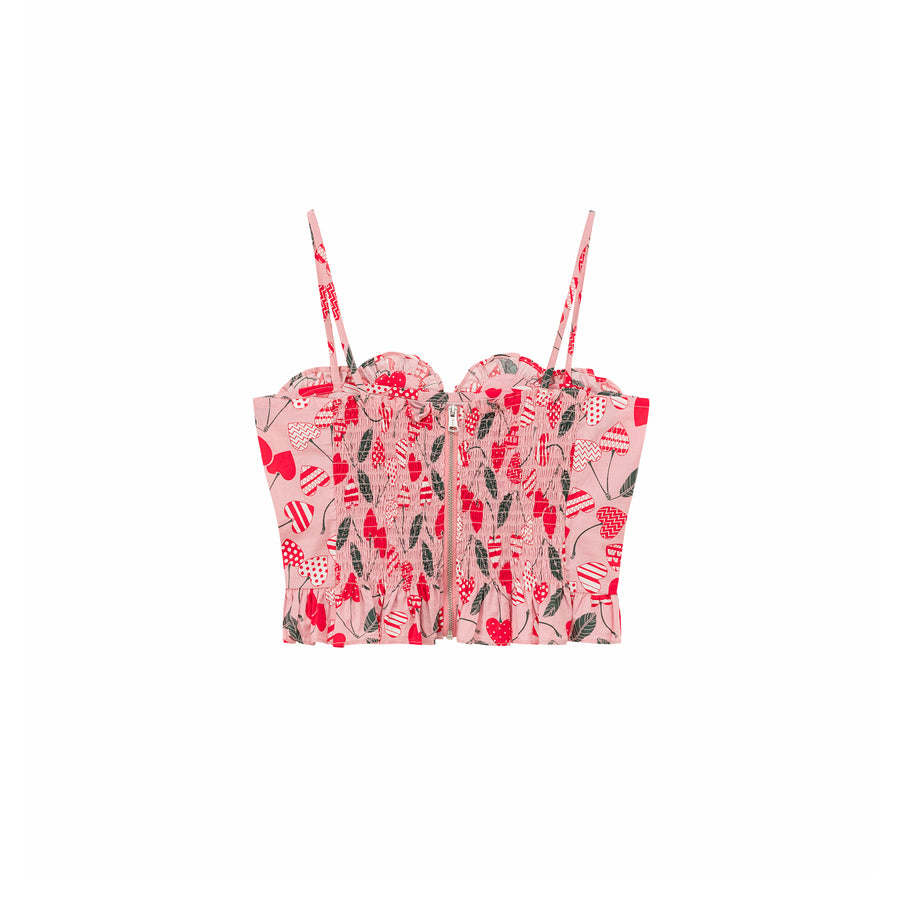 CHUU Heart Printed Ruffle Bustier Top