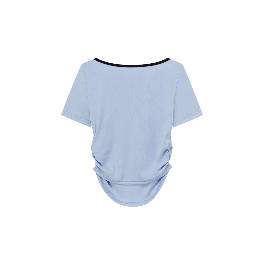 CHUU Square Neck Shirring Logo Printed T-Shirt