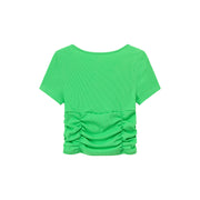 Color V-Neck Heart Keyhole Shirring Crop T-Shirt