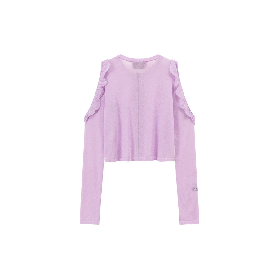 CHUU Frilly Off The Shoulder Zip-Up Cardigan