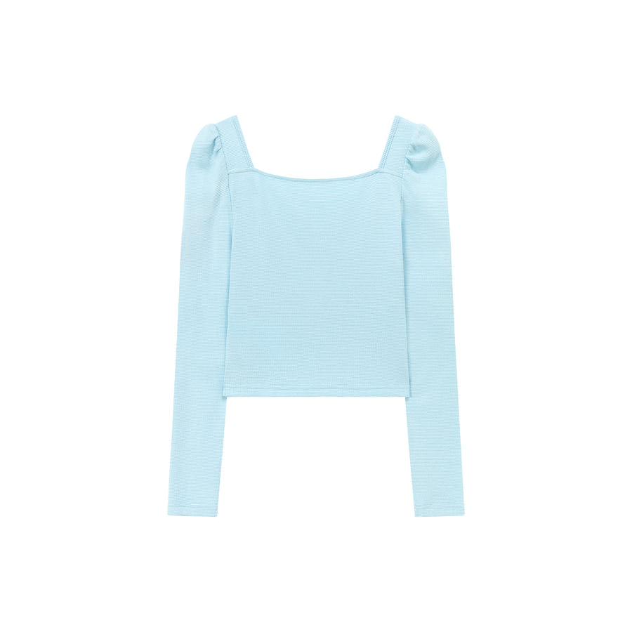 CHUU Heart Buttons Square Puff Sleeve Top