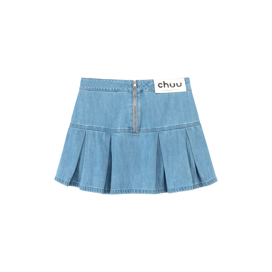 CHUU Denim Pleated Zipper Mini Skirt