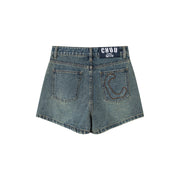 Asymmetrical Button Distressed Denim Shorts