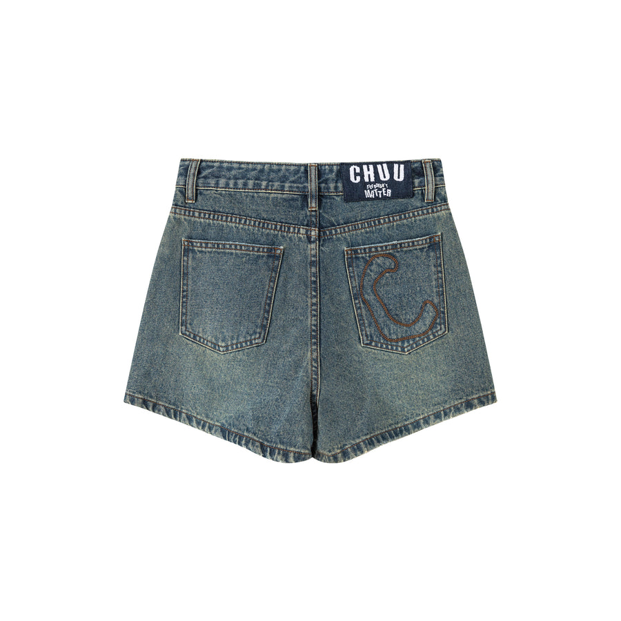 CHUU Asymmetrical Button Distressed Denim Shorts