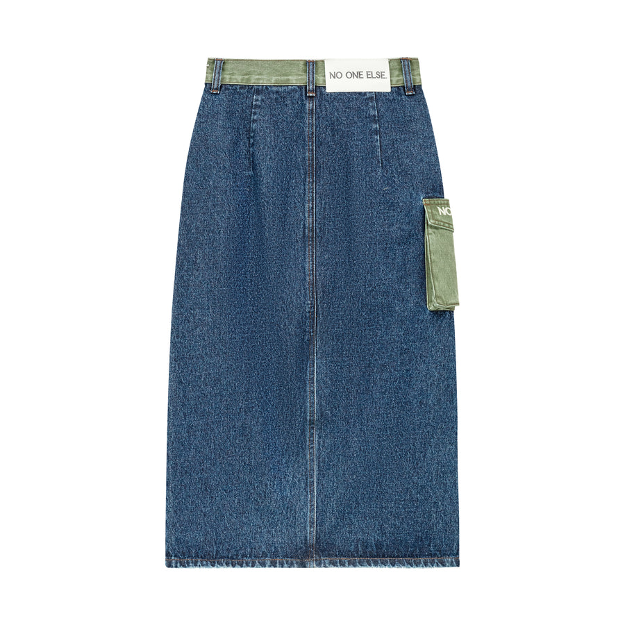 CHUU Pop Of Color Pocket Slit Long Denim Skirt