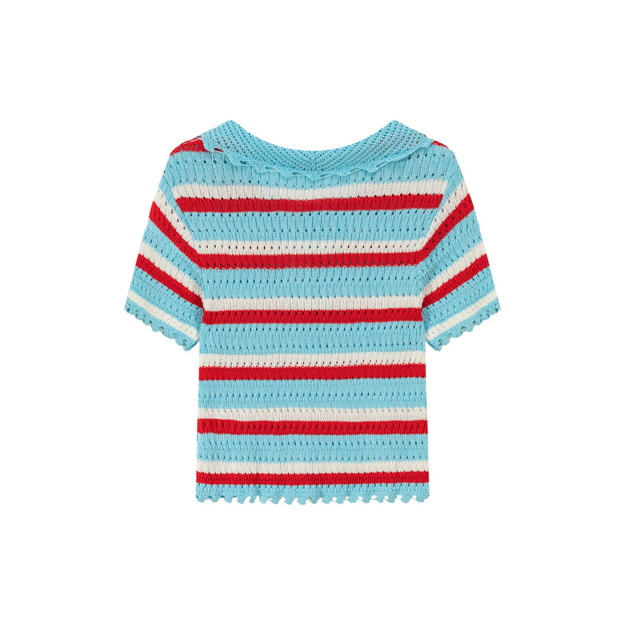 CHUU Stripe Ribbon Keyhole Knit Top