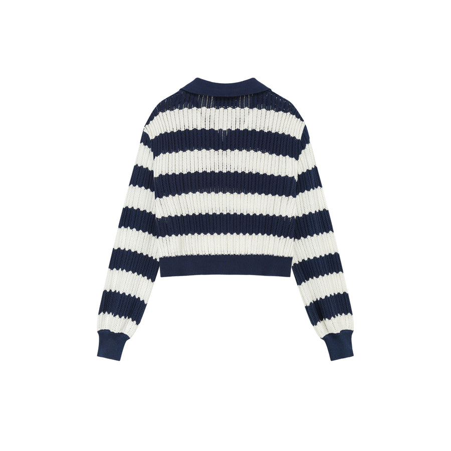 CHUU Color Combination Stripe Open Collar Knit Sweater