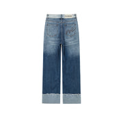 Roll Up Frayed Hem Wide Denim Jeans