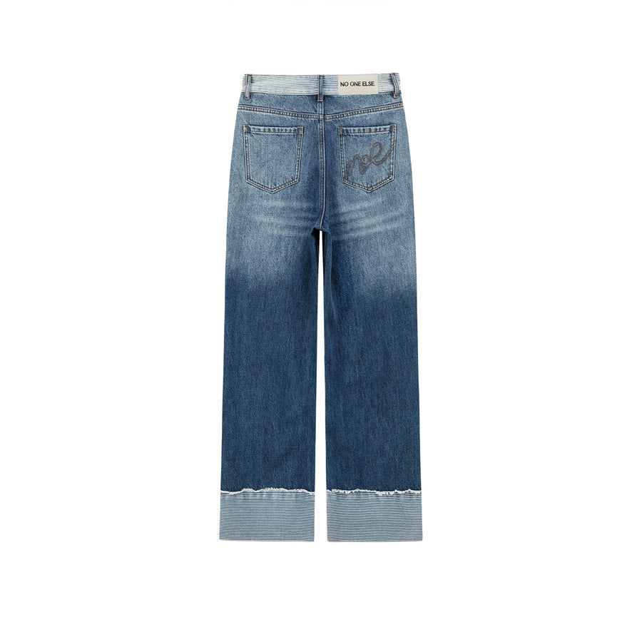 CHUU Roll Up Frayed Hem Wide Denim Jeans