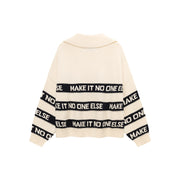 Open Collar Lettering Knit Sweatshirt