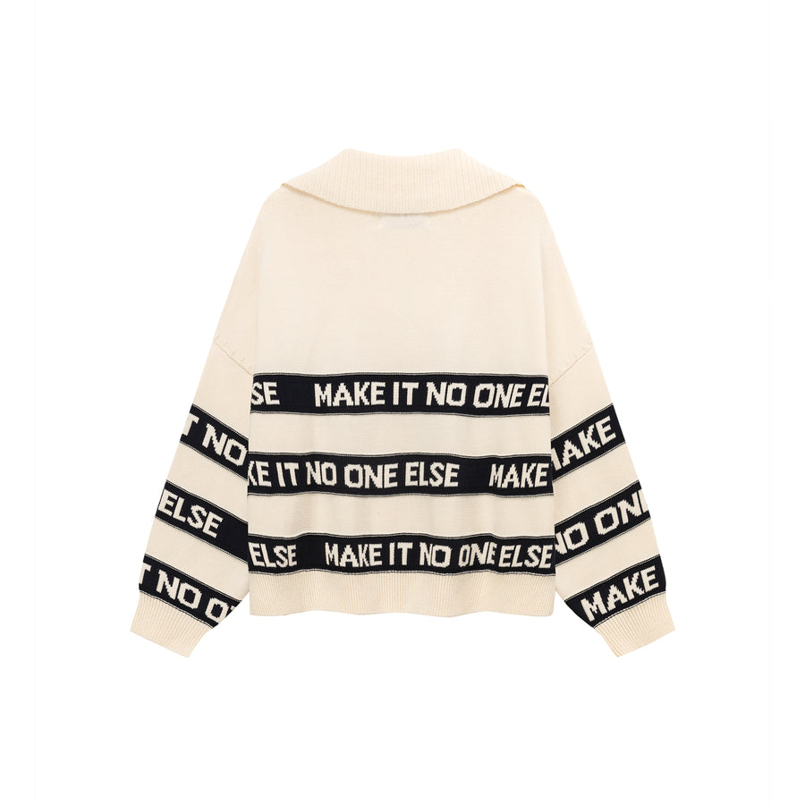 CHUU Open Collar Lettering Knit Sweatshirt