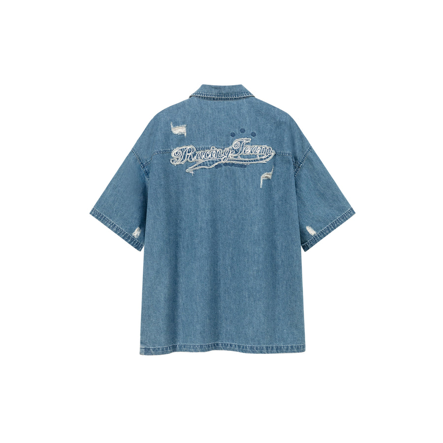 CHUU Distressed Embroidered Denim Short Sleeve Shirt