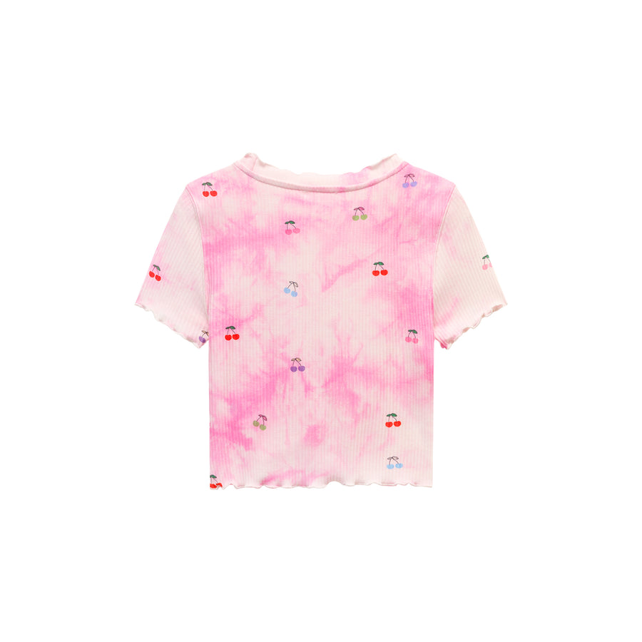 CHUU Tie-Dye Printed Cherries Key Hole Slit Crop Top