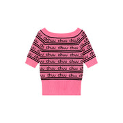 Cherry One Word Short Sleeved Knitted Slim Sweater