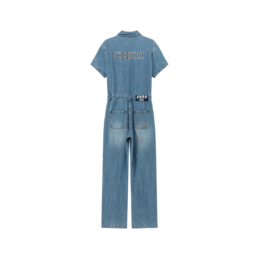 CHUU String Embroidered Denim Jumpsuit