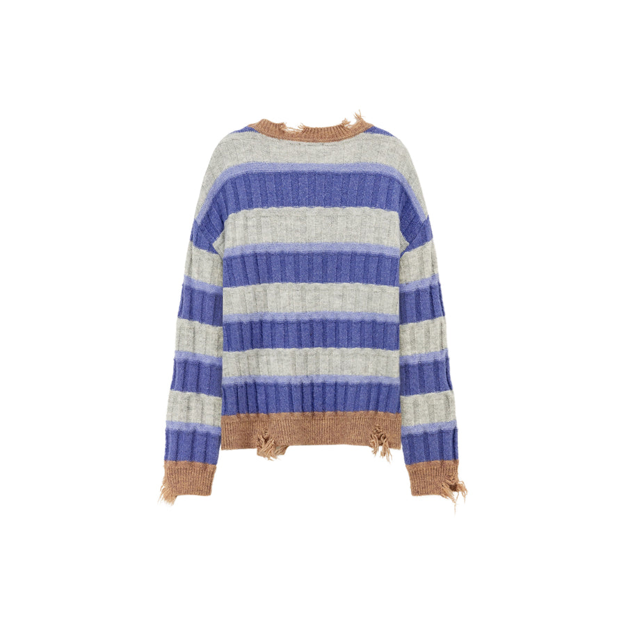 CHUU Distressed Striped Loose Knit Sweater